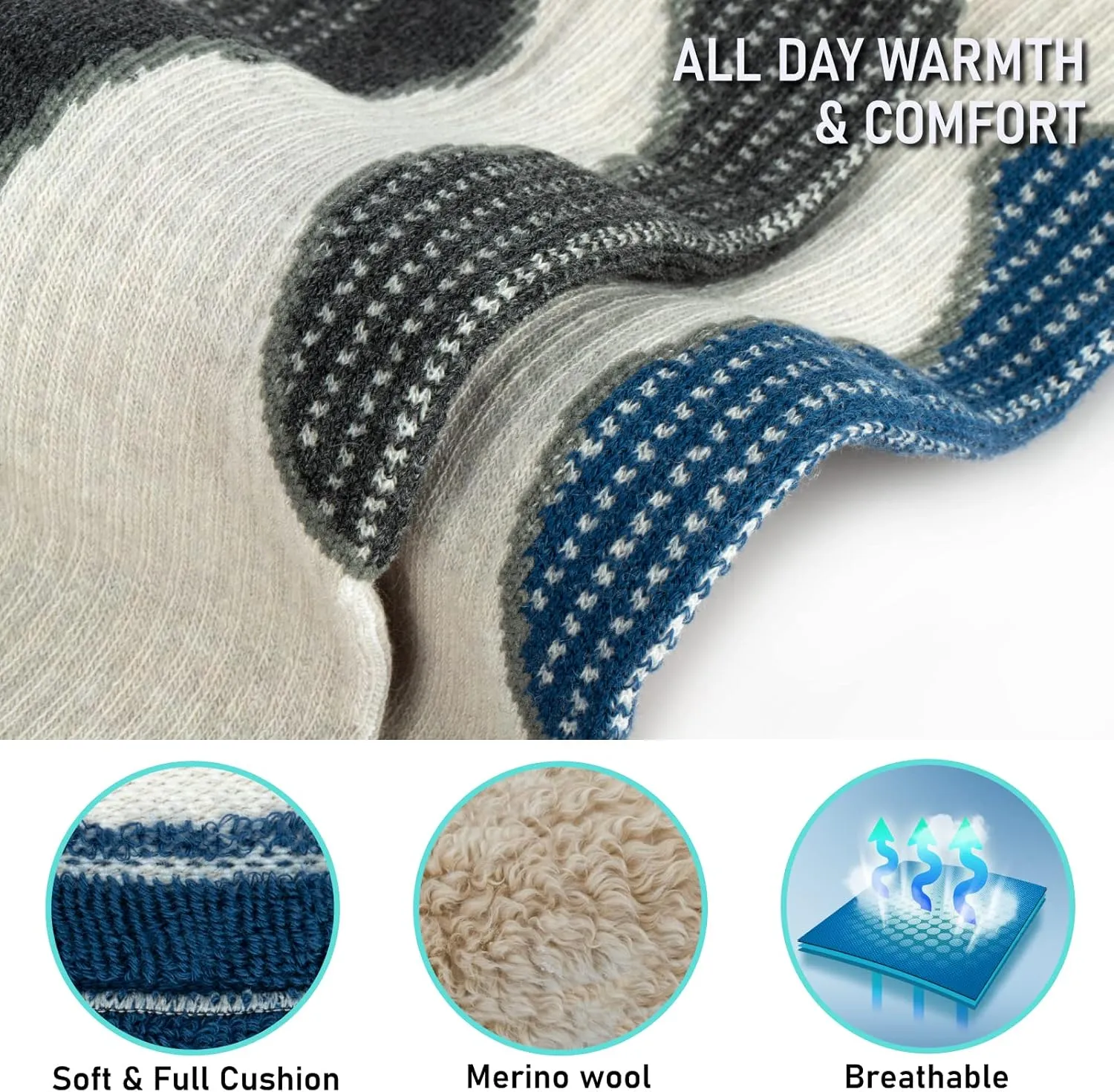 Merino Wool Ski Socks 2 Pairs, Thermal Knee High Warm Socks for Snowboarding, Hiking, Cold Weather, Snow, Hunting
