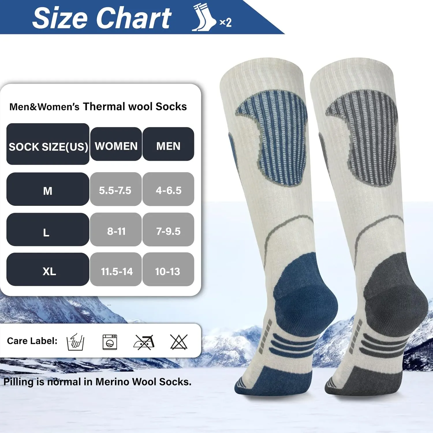 Merino Wool Ski Socks 2 Pairs, Thermal Knee High Warm Socks for Snowboarding, Hiking, Cold Weather, Snow, Hunting
