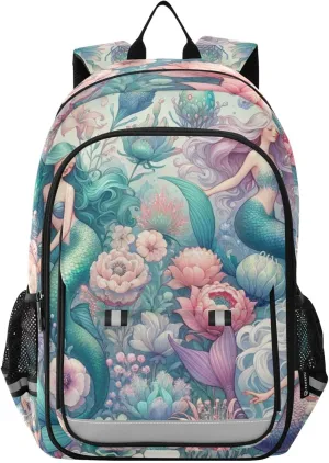 Mermaid Girls and An Array Of Delicate Flowers Laptop Backpack for Boys Girls, Bookbag Travel Bag Casual Daypack School Backpack for Students