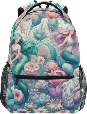 Mermaid Girls and An Array Of Delicate Flowers School backpack for Boys Girls, Elementary School Bookbag Travel Bag Laptop Daypack with Name Tag