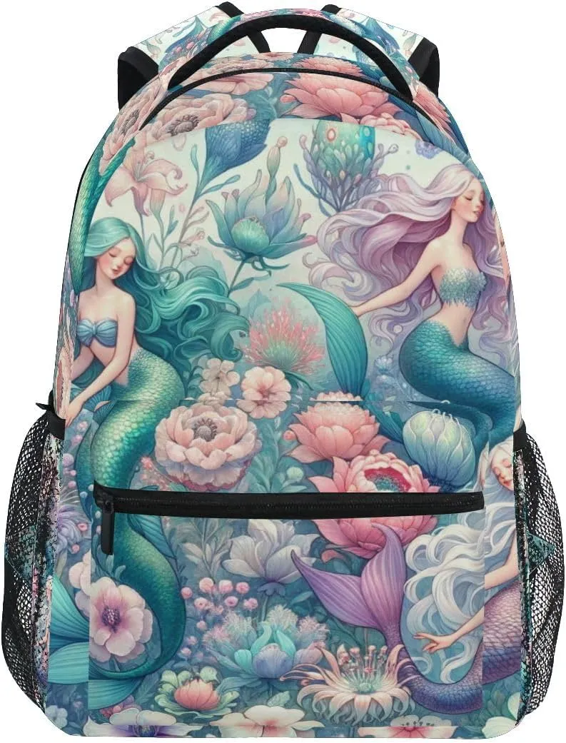 Mermaid Girls and An Array Of Delicate Flowers School backpack for Boys Girls, Elementary School Bookbag Travel Bag Laptop Daypack with Name Tag