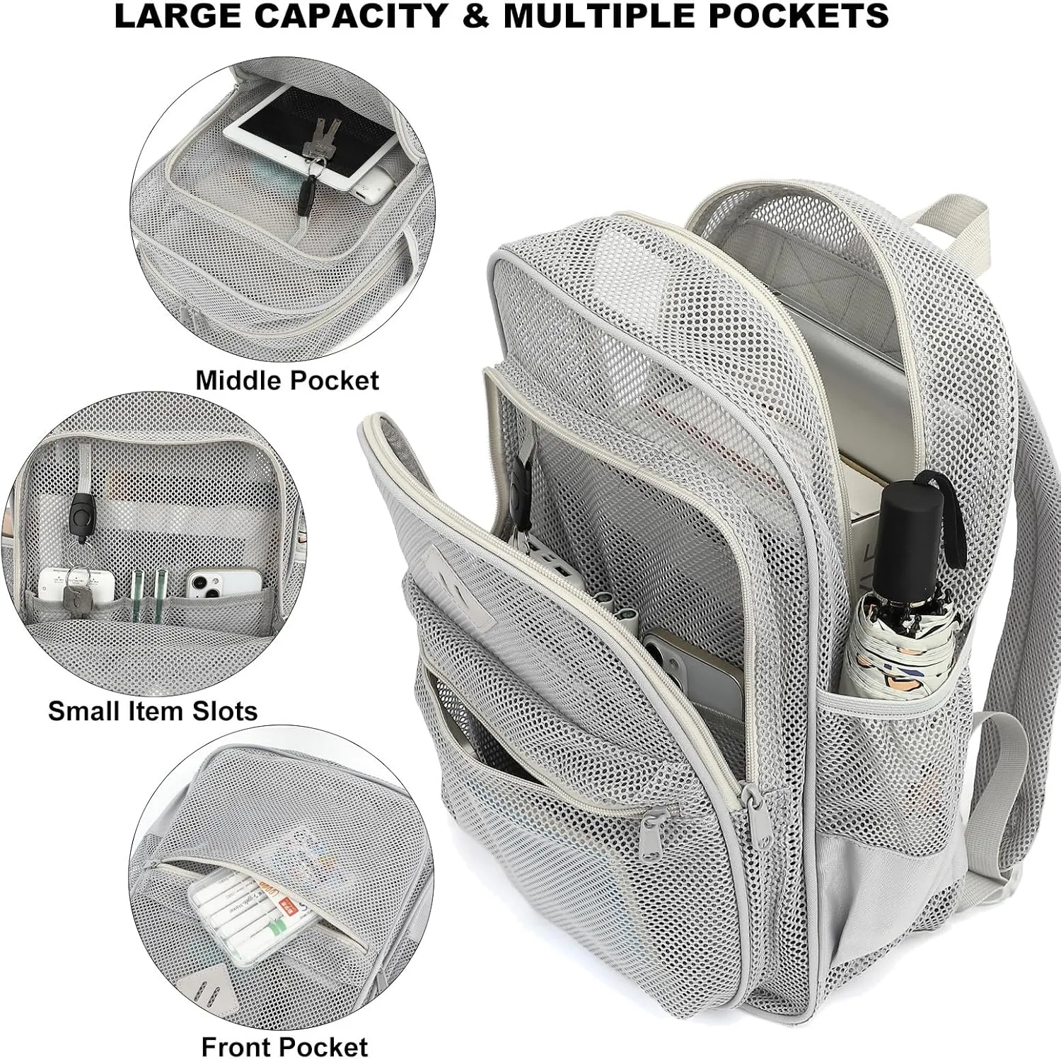 Mesh Bacpack Heavy Duty for School, Lightweight See Through College Backpack for Work Beach Sports (Grey)