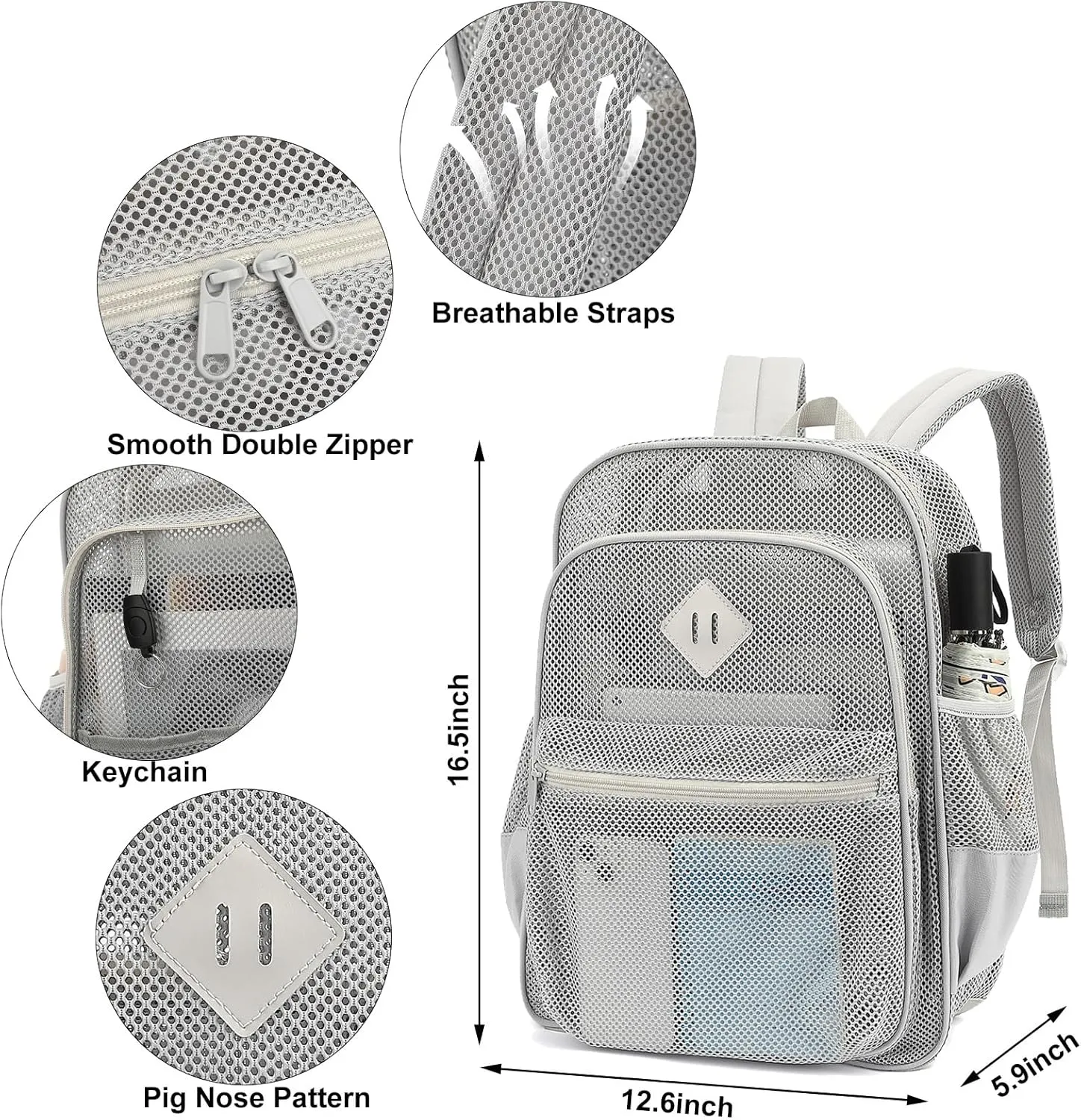 Mesh Bacpack Heavy Duty for School, Lightweight See Through College Backpack for Work Beach Sports (Grey)