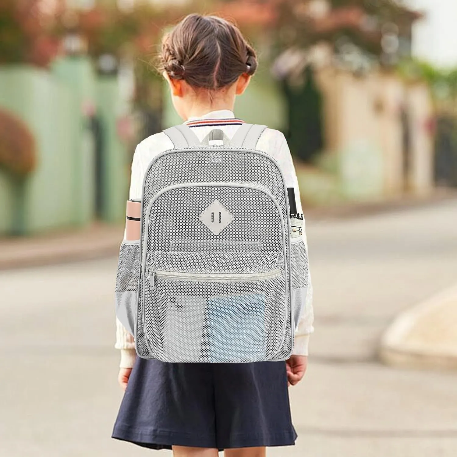 Mesh Bacpack Heavy Duty for School, Lightweight See Through College Backpack for Work Beach Sports (Grey)
