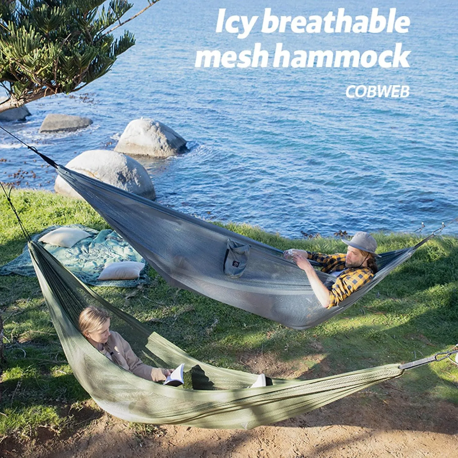 Mesh Hammock, Portable Camping Mesh Hammock, Breathable Lightweight Ice Silk Double & Single Nylon Hammocks, for Outdoor Adventures Camping (290 X180cm,Green)