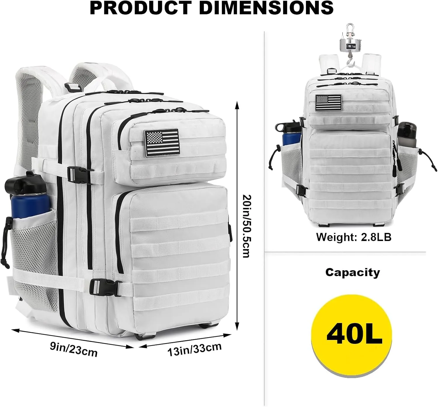 Military Tactical Backpack for Men Women, 3 Day Assault Pack Army Molle Bag Hiking Backpacks (White)