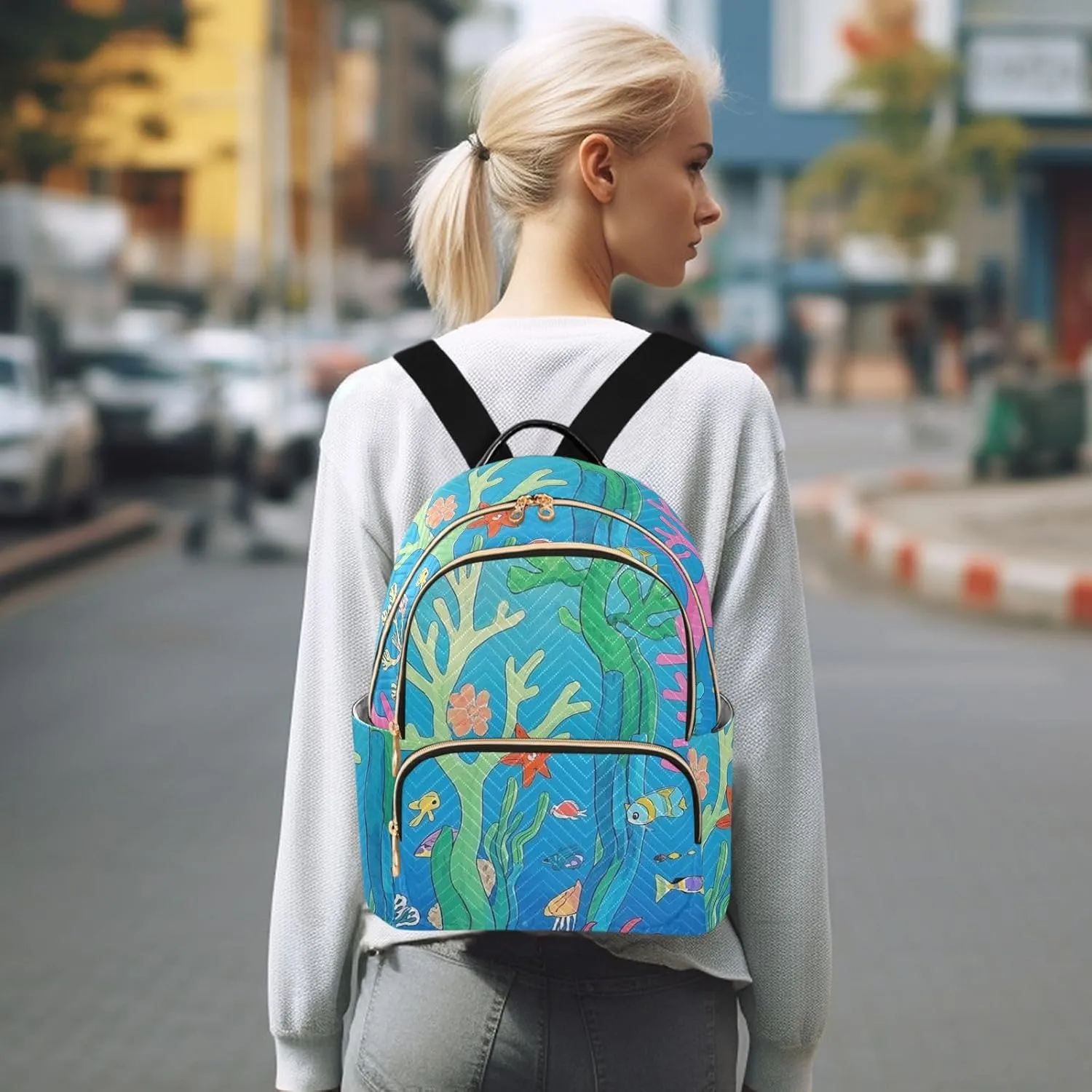 Mini Backpack Quilted Purse for Womens Small Backpack Daypack Coral Design for Travel Daily Work,Multi10