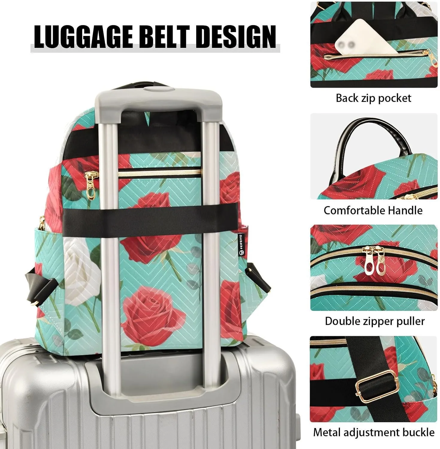 Mini Backpack Quilted Purse for Womens Small Backpack Daypack Rose Print for Travel Daily Work,Multi1