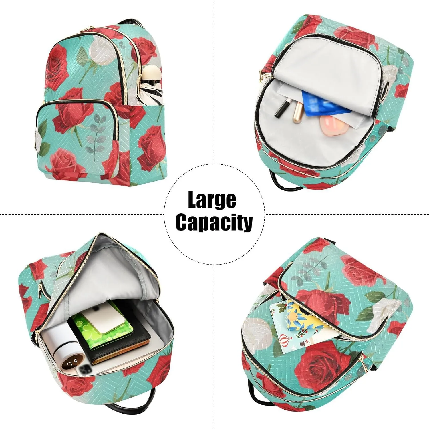 Mini Backpack Quilted Purse for Womens Small Backpack Daypack Rose Print for Travel Daily Work,Multi1