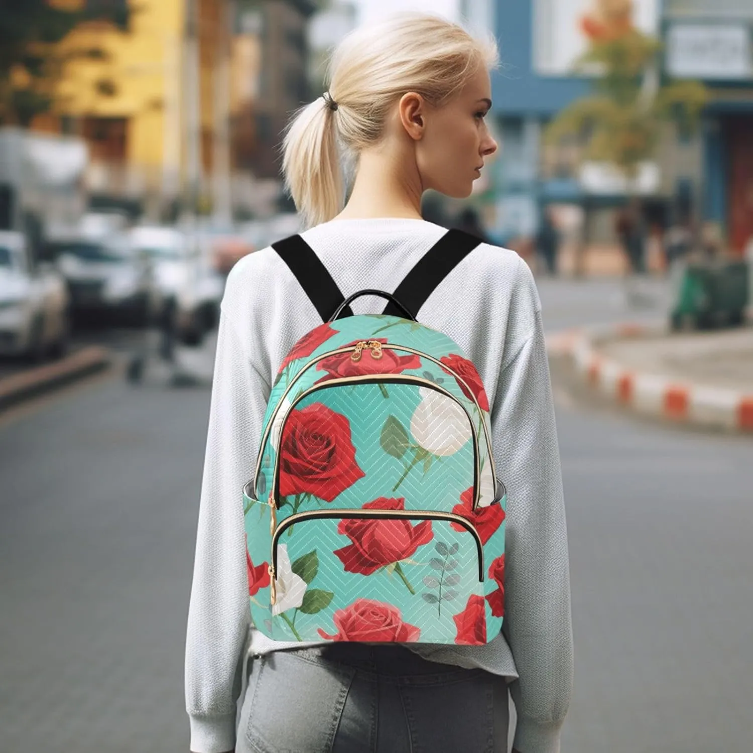 Mini Backpack Quilted Purse for Womens Small Backpack Daypack Rose Print for Travel Daily Work,Multi1