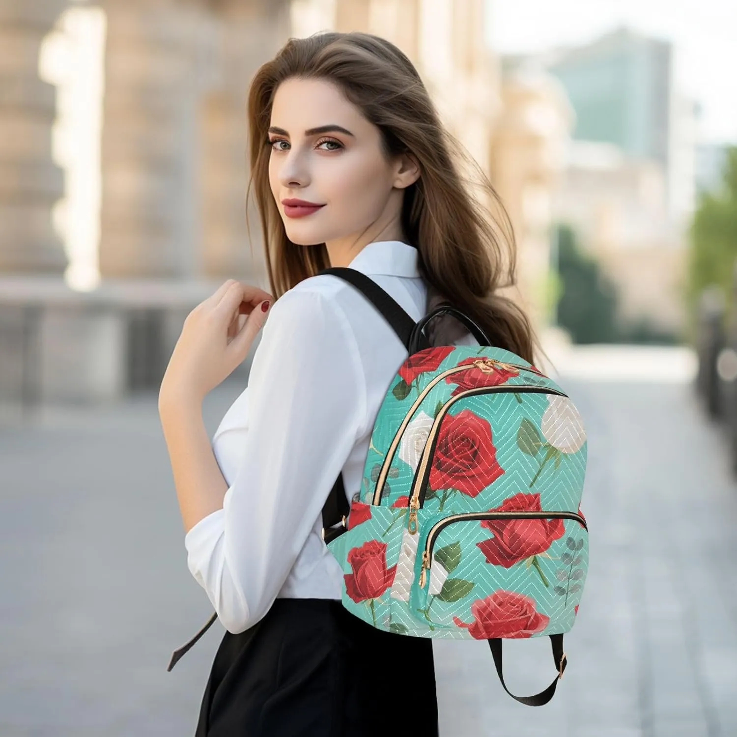 Mini Backpack Quilted Purse for Womens Small Backpack Daypack Rose Print for Travel Daily Work,Multi1