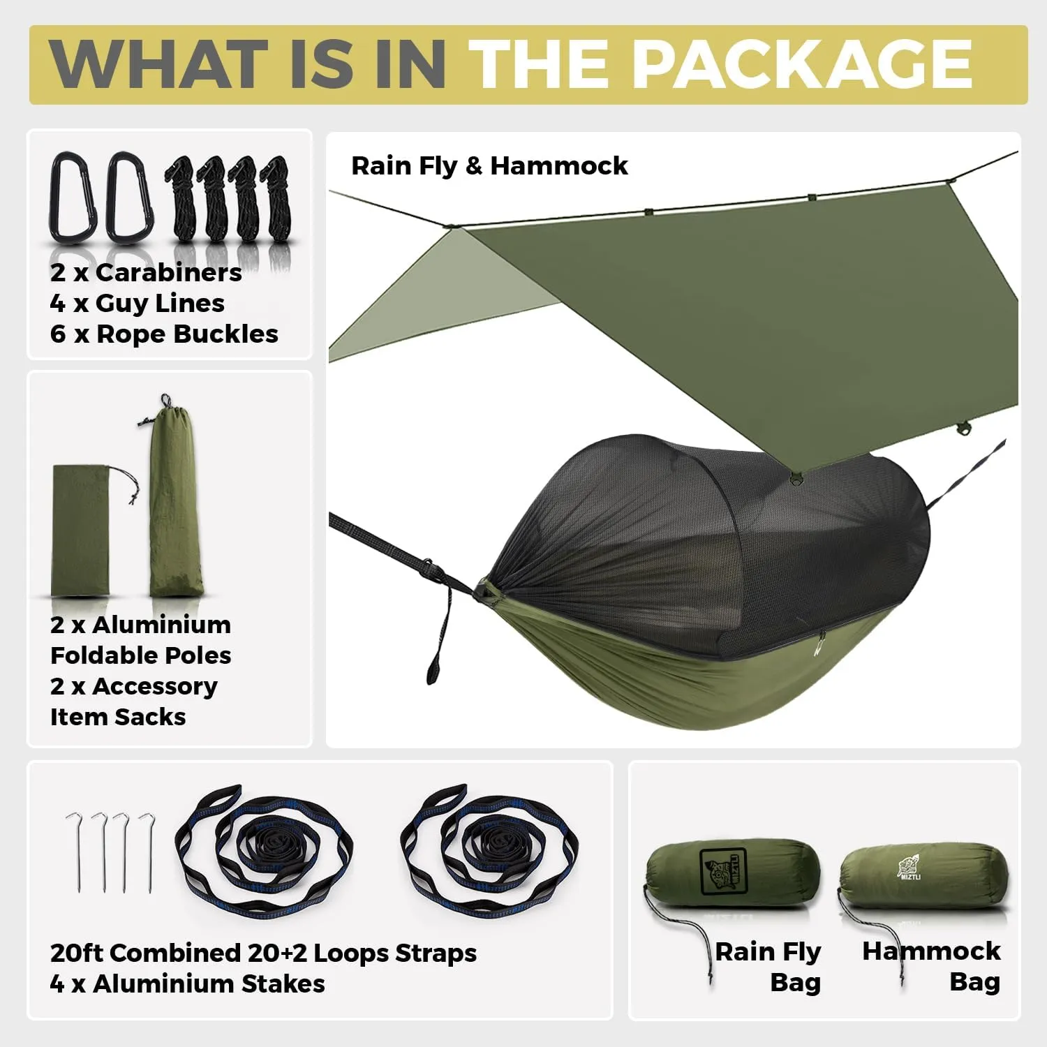 Miztli Camping Hammock -Portable Hammock w/Spacious Net & Tree Straps w/Adjutable Loops,Double and Single Hammock for Outdoor, Hiking, and Travel