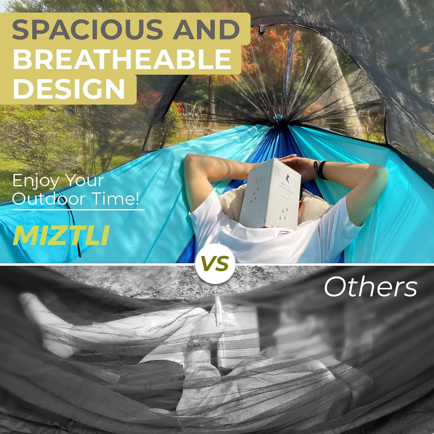 Miztli Camping Hammock -Portable Hammock w/Spacious Net & Tree Straps w/Adjutable Loops,Double and Single Hammock for Outdoor, Hiking, and Travel
