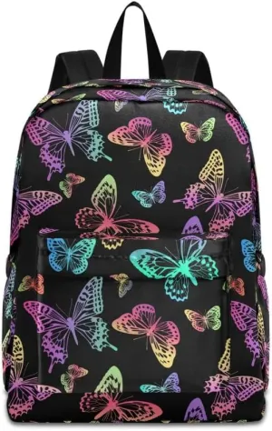 MNSRUU Student Backpack for School Colorful Butterflies Black Laptop Backpack Aesthetic School Bookbags Casual Daypack Backpack Fits 15.6 Inch Laptop