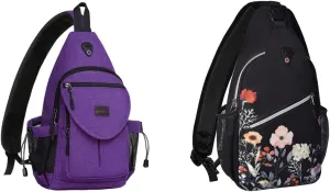 MOSISO Sling Backpack, Multipurpose Garden Flowers Rope Crossbody Shoulder Bag&Canvas Crossbody Hiking Daypack Bag with Anti-theft Pocket, Purple&Black