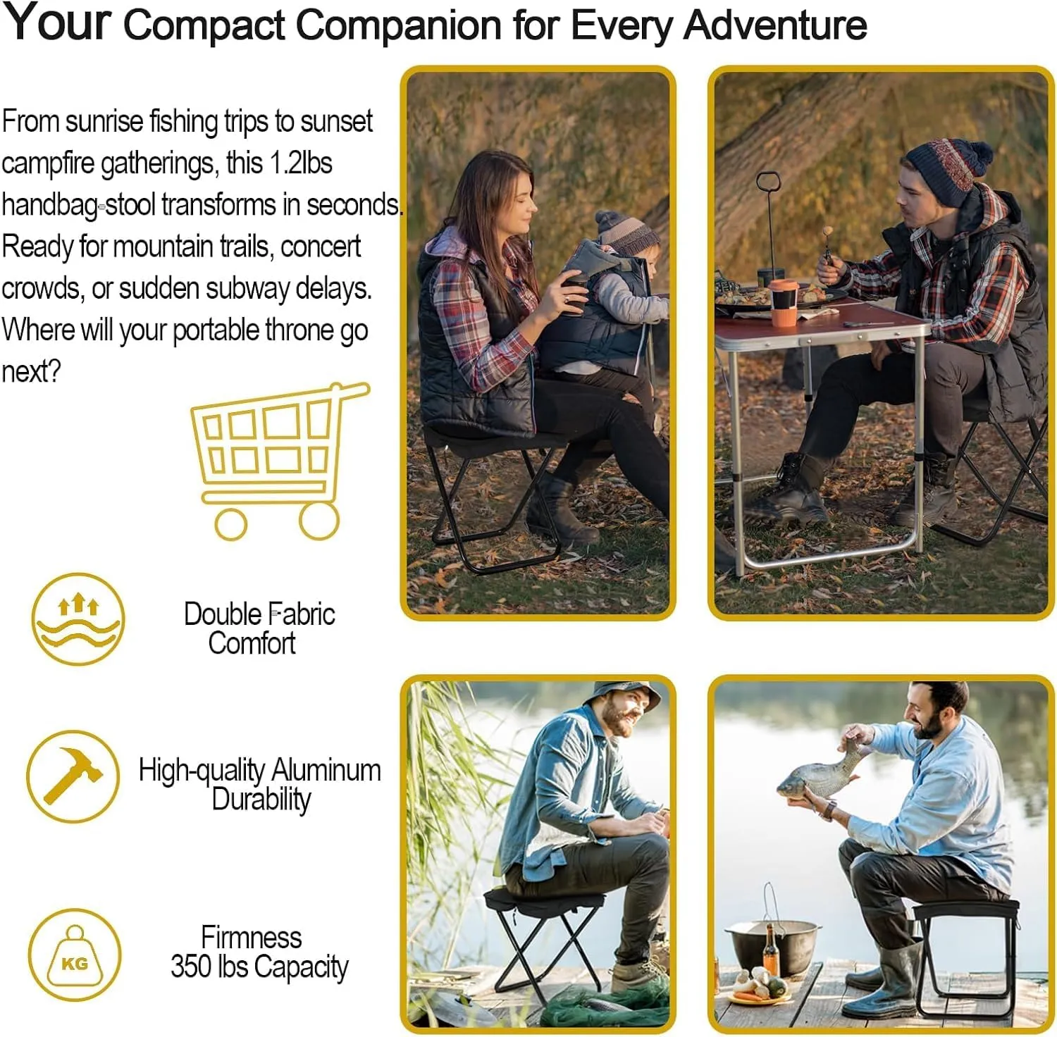 Mountaineering and Hiking Portable Stool,Collapsible Camp Stools,Portable Stoo,Small Folding Stool for Adults,for Hiking and Fishing,High Load Bearing (Black, Large)