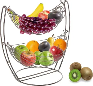 MyGift® Gunmetal Gray Metal Double Hammock Fruit Basket, 2-Tier Vegetables Produce Storage Rack Display Stand