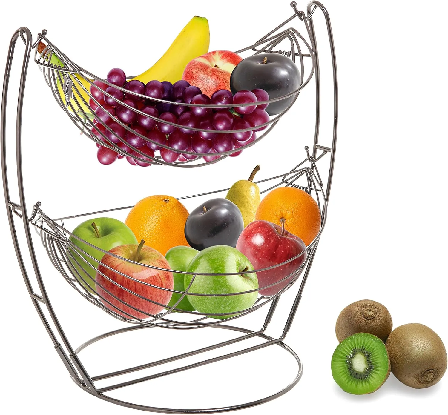 MyGift® Gunmetal Gray Metal Double Hammock Fruit Basket, 2-Tier Vegetables Produce Storage Rack Display Stand