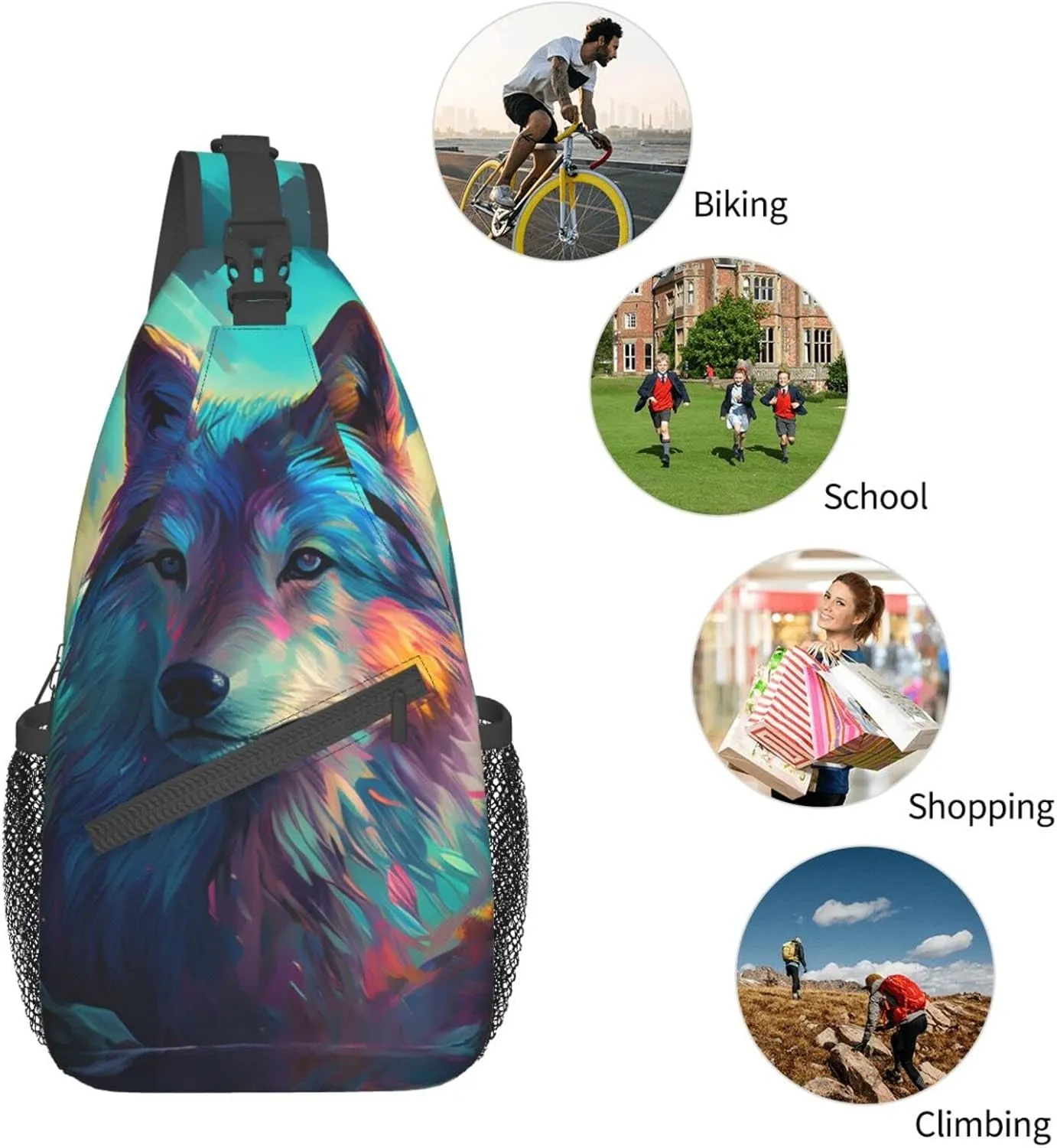 Native American Indians and Wolves Hiking Daypacks Cross-body Sling Backpack for Men Women Outdoor Cycling Hiking Travel