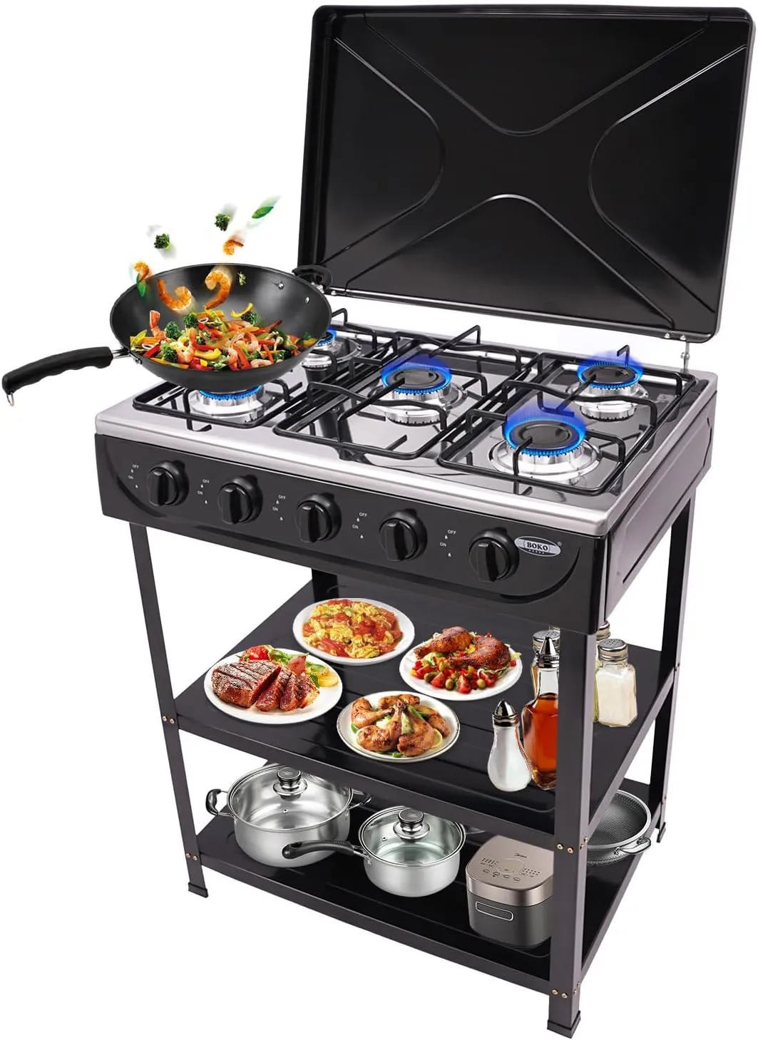 Natural Gas Stove with 5 Burners, Auto Ignition Portable Gas Stove with Support Leg Stand & Wind Blocking Cover Adapter for Outdoor Camping Travel RV Cooking
