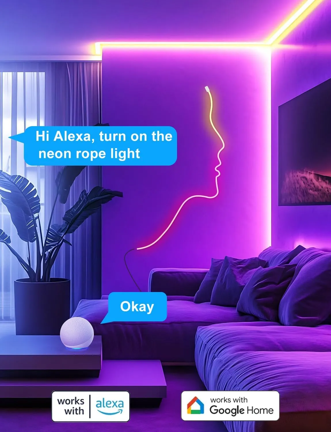 Neon Rope Lights, Smart RGB IC LED Light Strip, Voice Control via Alexa, Google Assistant, Custom DIY Flexible Neon Lights for Bedroom, Wall Decor, 16.4 ft (2.4G WiFi Only)