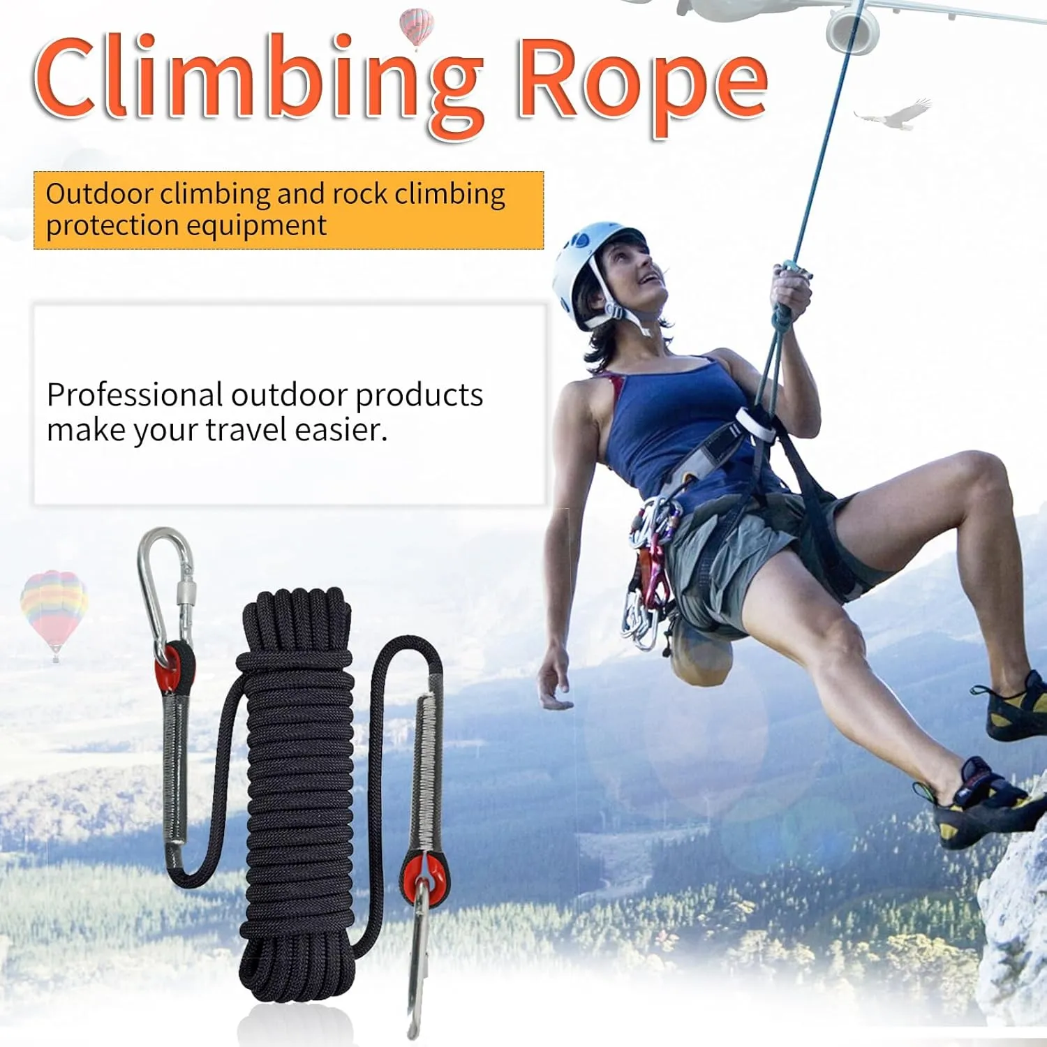 NewDoar Climbing Rope 8(5/16in),10mm (3/8in), High Strength Accessory Cord Rope with 2 Steel Hooks, for Outdoor Rescue Rappelling Rope Down Cliffs ledges Safety Escape Tow Strap Equipment(Black)