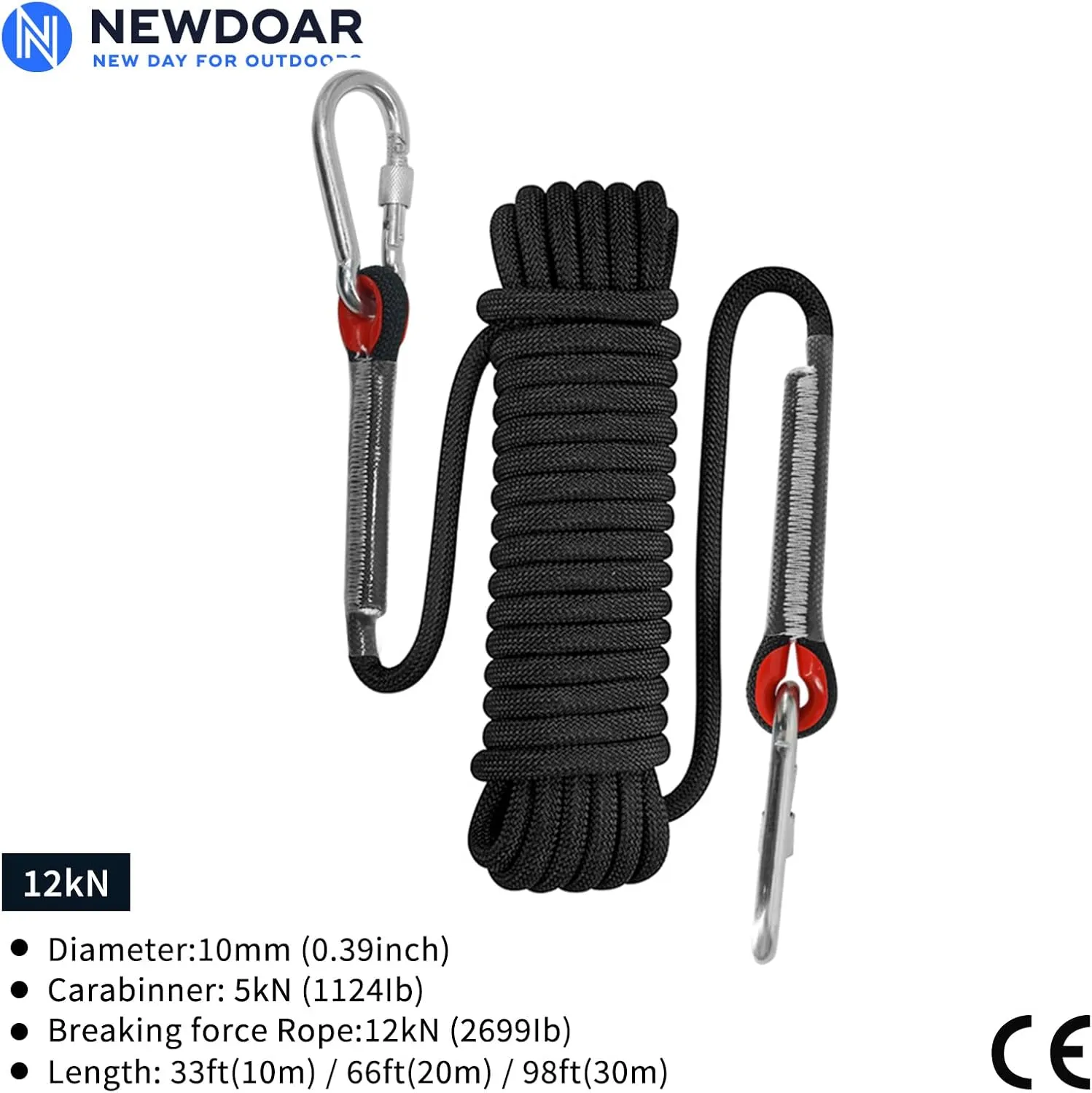 NewDoar Climbing Rope 8(5/16in),10mm (3/8in), High Strength Accessory Cord Rope with 2 Steel Hooks, for Outdoor Rescue Rappelling Rope Down Cliffs ledges Safety Escape Tow Strap Equipment(Black)