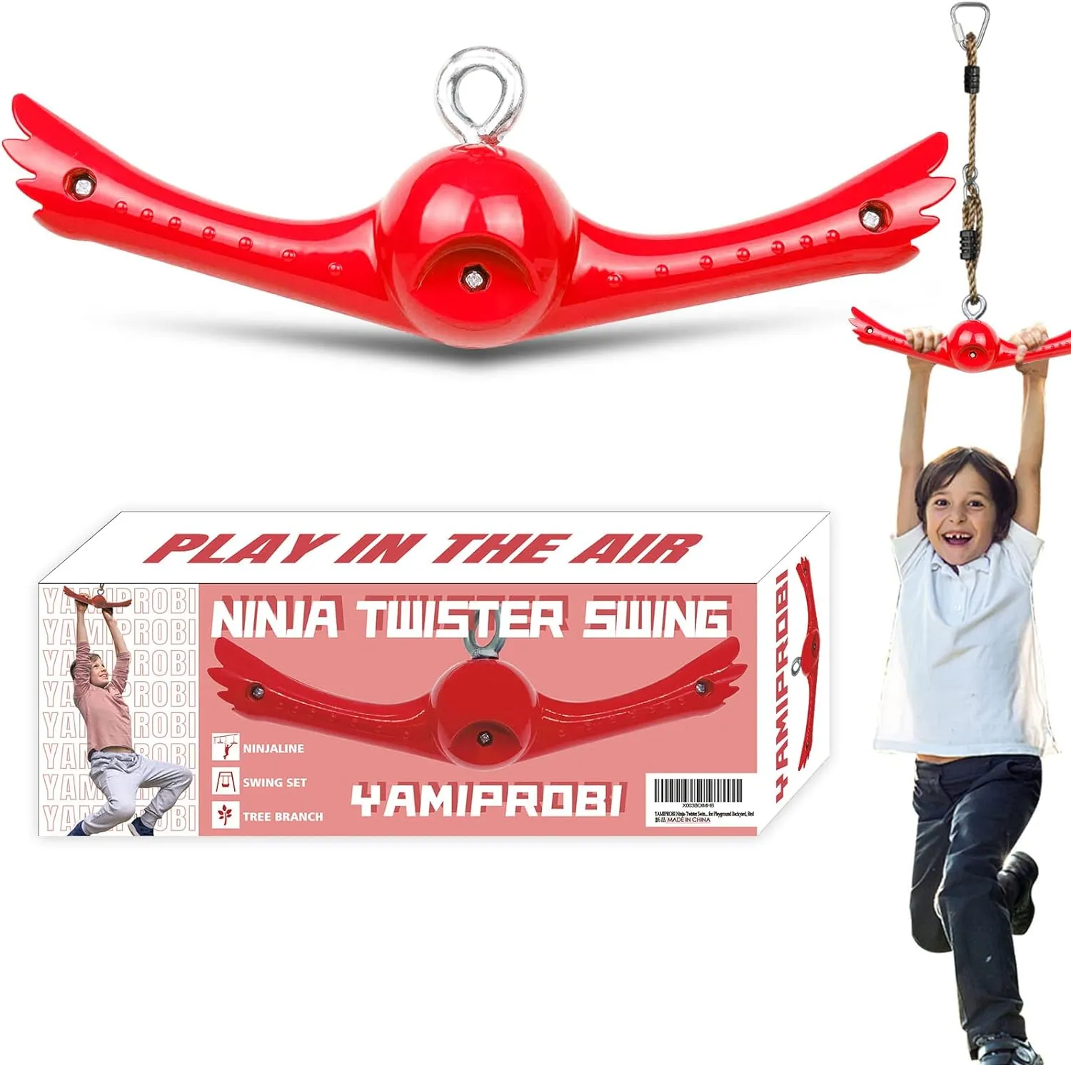 Ninja-Twister Swing Spins Set: Slackline Attachments - 360° Handle Twist-Spin Flips Toy Activate Ninja Powers Warrior Accessories Kids Hang Toys for Playground Backyard, Red