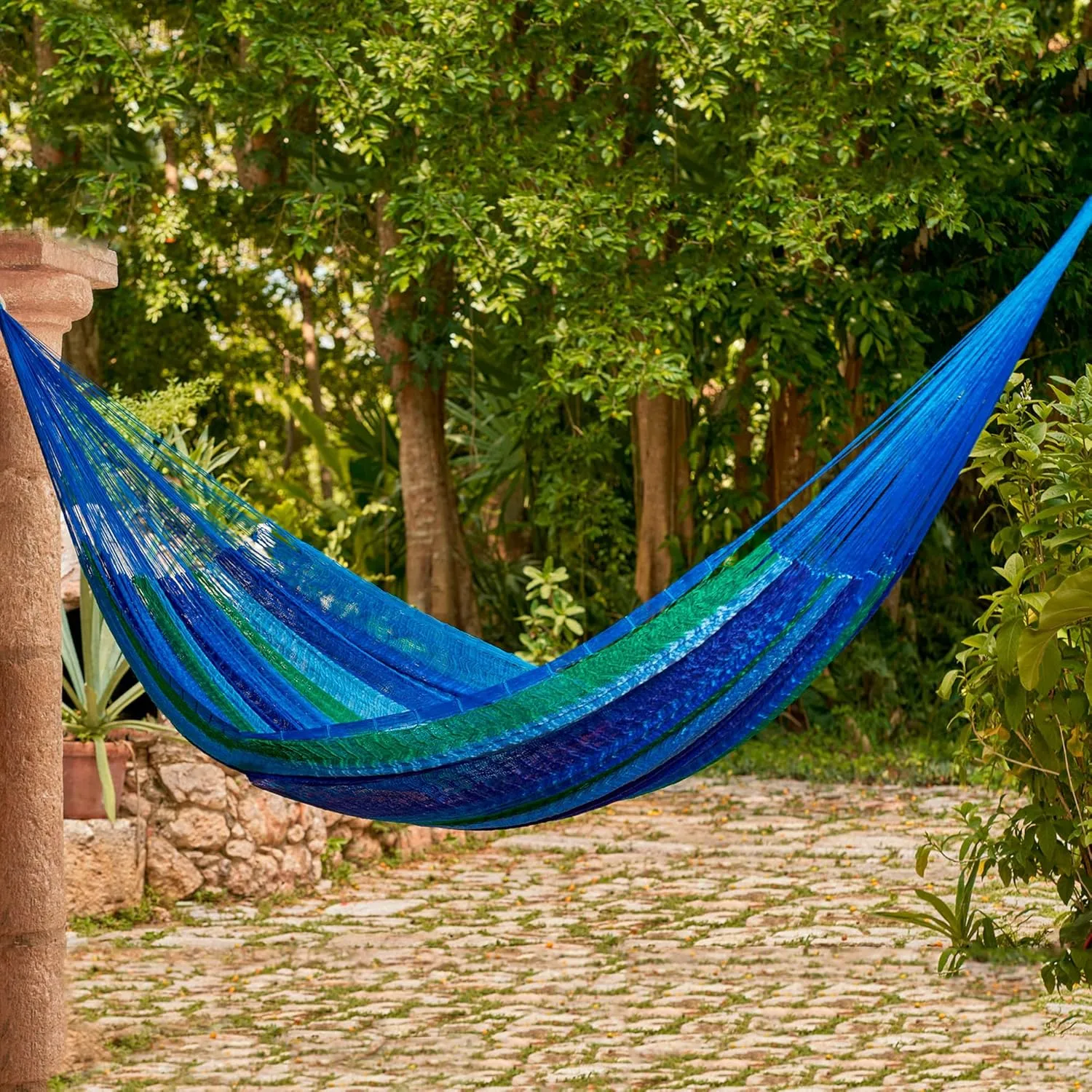 NOVICA Artisan Handmade Hammock Double Mayan Rope Style Nylon in Mexico Blue Striped Beach Bonfire [Bed Size 78in L x 78in W Total Length 158in L] ' Sea Breeze' Double