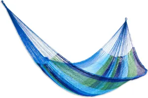 NOVICA Artisan Handmade Hammock Double Mayan Rope Style Nylon in Mexico Blue Striped Beach Bonfire [Bed Size 78in L x 78in W Total Length 158in L] ' Sea Breeze' Double