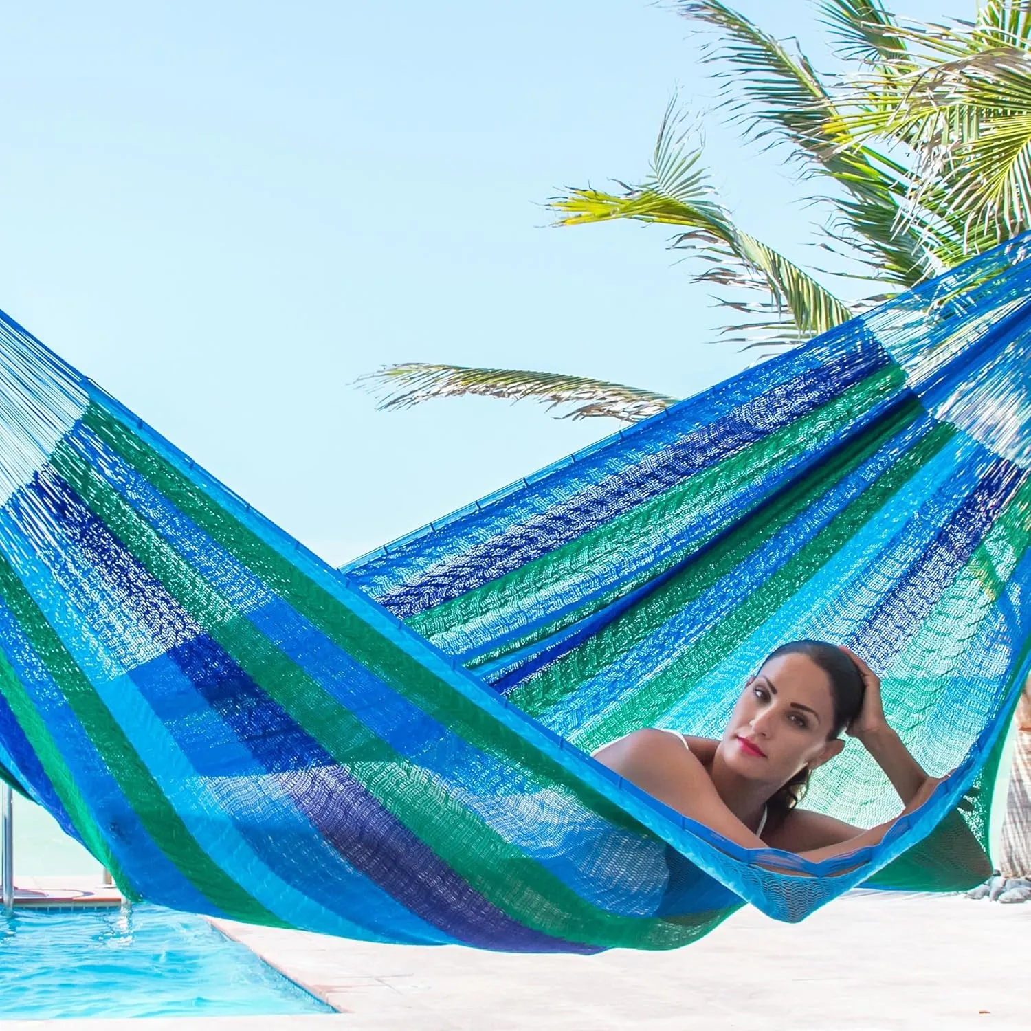 NOVICA Artisan Handmade Hammock Double Mayan Rope Style Nylon in Mexico Blue Striped Beach Bonfire [Bed Size 78in L x 78in W Total Length 158in L] ' Sea Breeze' Double