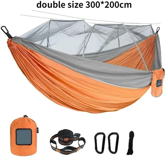Nylon Parachute Hammock Net Portable Travel Outdoor Camping Hanging Sleeping Single and Double Hammock with Mosquito Net Terrace Hammock(Orange,300cm x200cm)