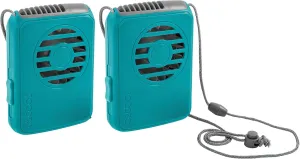 O2COOL Deluxe Necklace Fan, Battery Powered with Adjustable Lanyard, 2 Pack, Teal