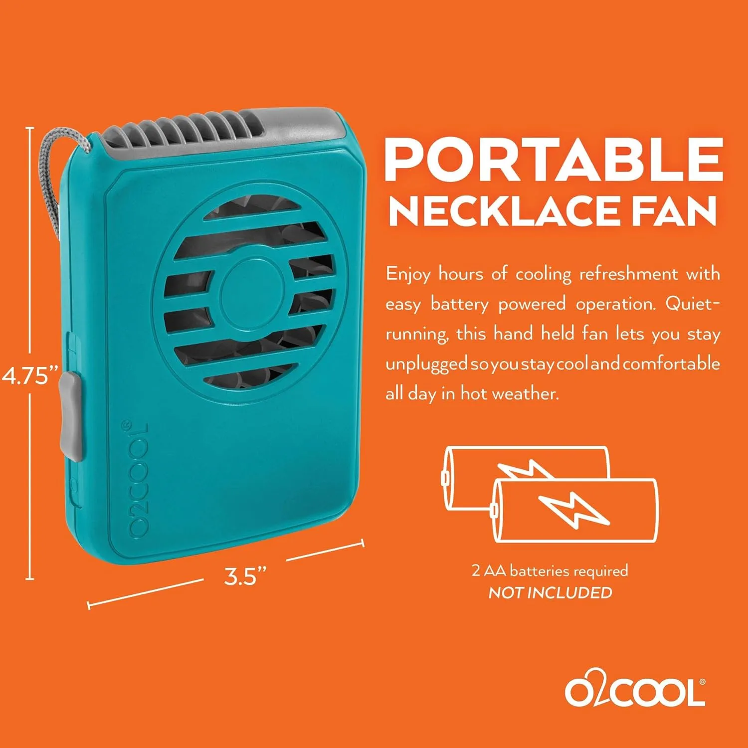 O2COOL Deluxe Necklace Fan, Battery Powered with Adjustable Lanyard, 2 Pack, Teal