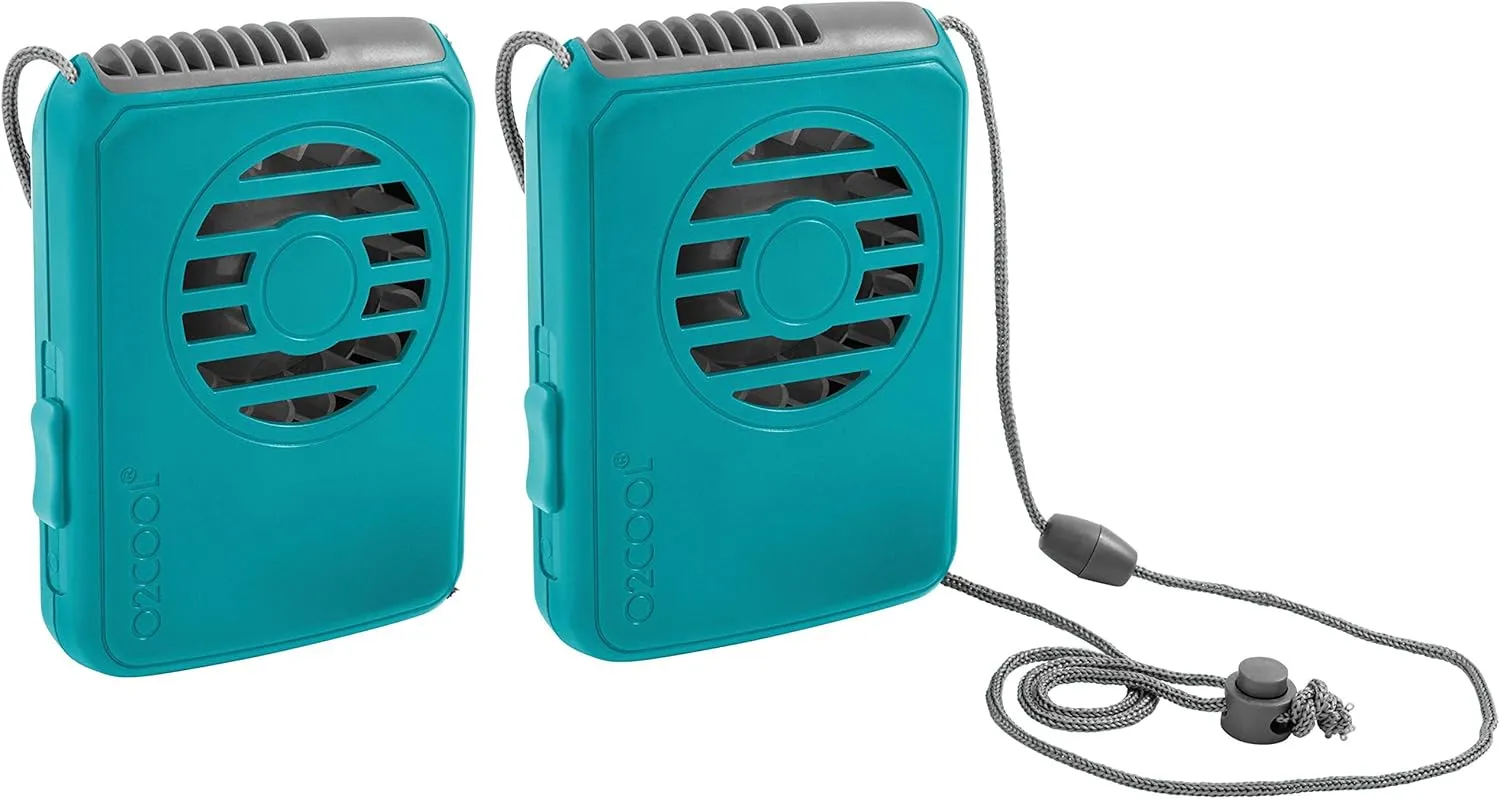 O2COOL Deluxe Necklace Fan, Battery Powered with Adjustable Lanyard, 2 Pack, Teal