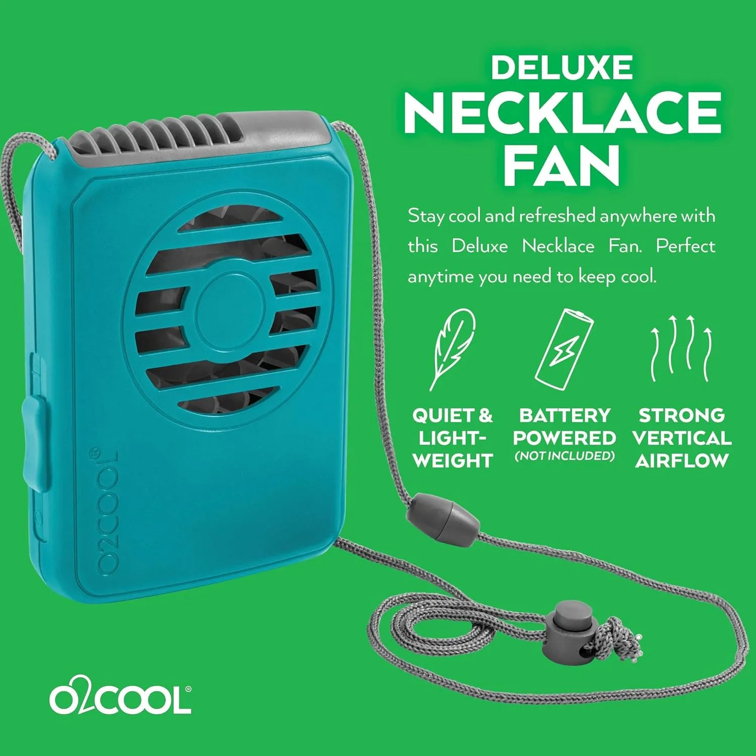 O2COOL Deluxe Necklace Fan, Battery Powered with Adjustable Lanyard, 2 Pack, Teal