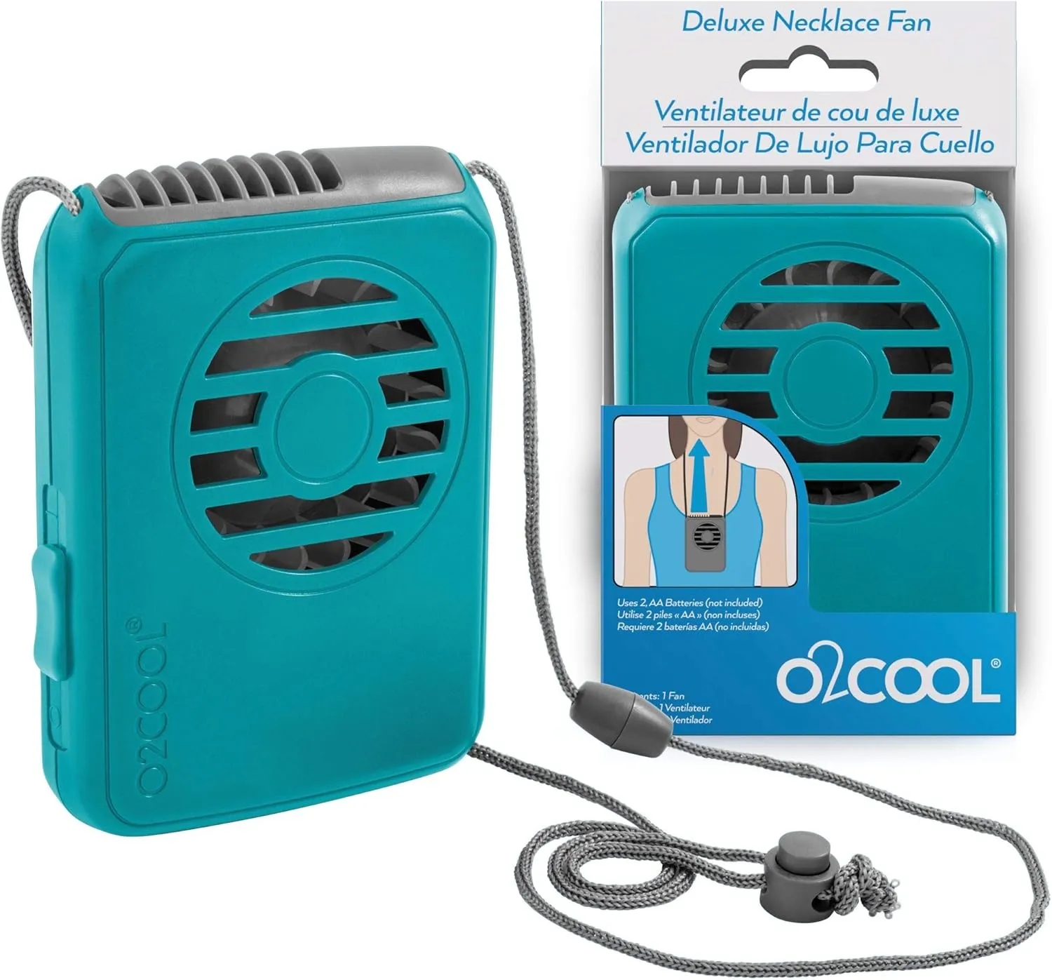 O2COOL Deluxe Necklace Fan, Battery Powered with Adjustable Lanyard, 2 Pack, Teal