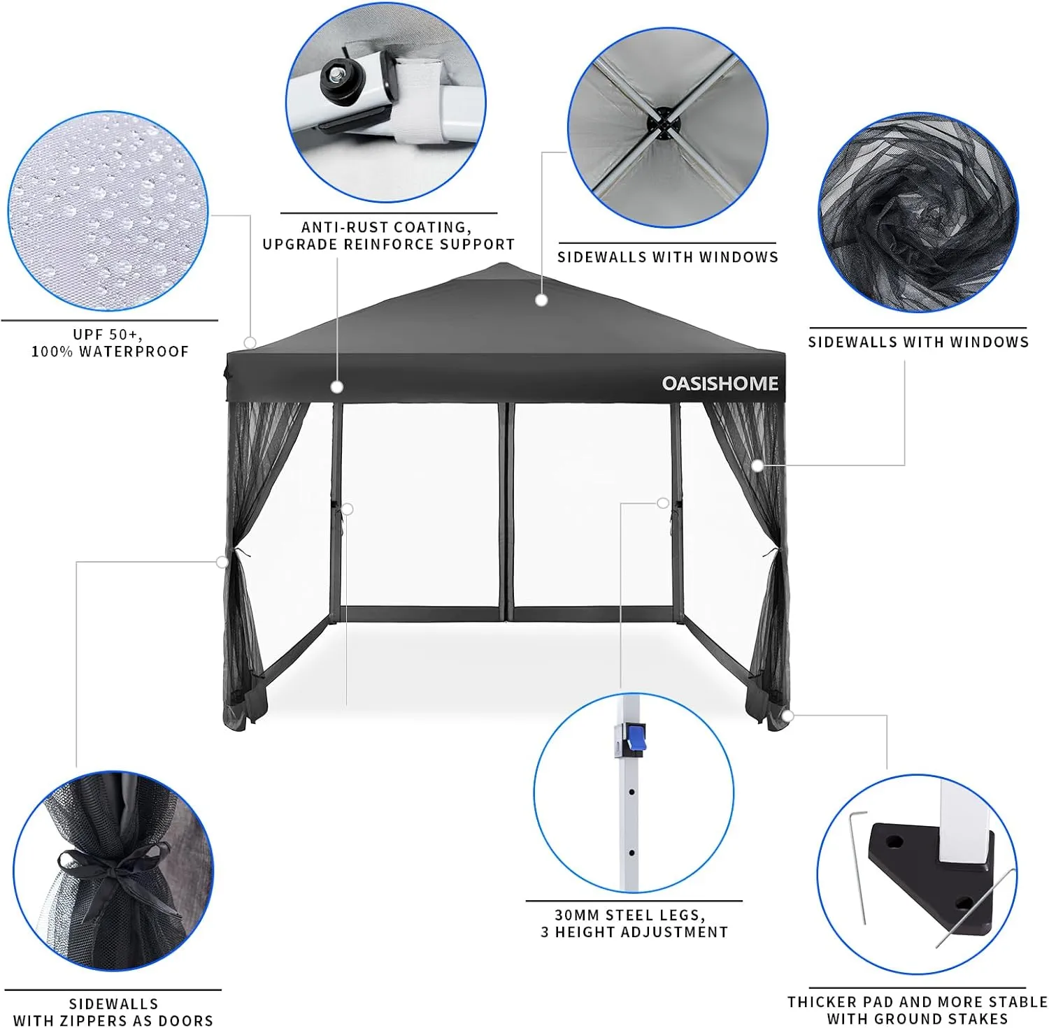 OASISHOME 10'x10' Pop-Up Gazebo Canopy Tent with Netting Sidewalls & Wheeled Bag,Weight Bag, Stakes, Ropes, Waterproof, UV Protection, Heavy-Duty Steel Frame for Backyard/Outdoor/Parties(Black)