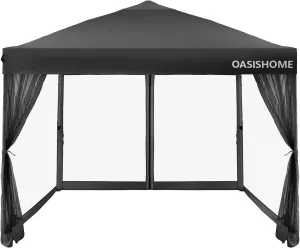 OASISHOME 10'x10' Pop-Up Gazebo Canopy Tent with Netting Sidewalls & Wheeled Bag,Weight Bag, Stakes, Ropes, Waterproof, UV Protection, Heavy-Duty Steel Frame for Backyard/Outdoor/Parties(Black)