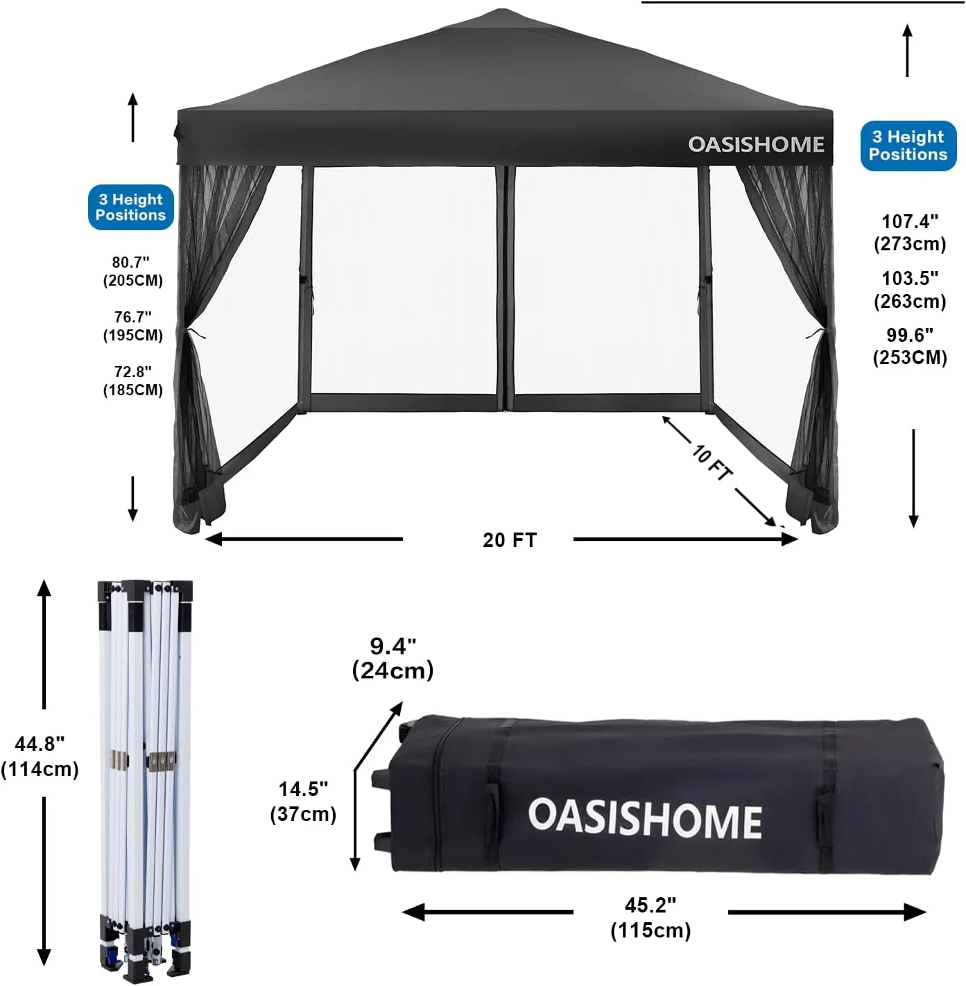 OASISHOME 10'x10' Pop-Up Gazebo Canopy Tent with Netting Sidewalls & Wheeled Bag,Weight Bag, Stakes, Ropes, Waterproof, UV Protection, Heavy-Duty Steel Frame for Backyard/Outdoor/Parties(Black)