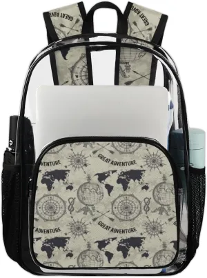 Old Adventure Map Clear Backpack Heavy Duty PVC Gray Transparent Back Pack See Through Backpack for College Work Travel Festival