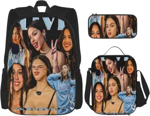 Olivia Songwriter Actress Rodrigo Backpack 3 Pieces Set With Lunch Bag And Pencil Pouch Combination for Work/Sport/Picnic Adjustable Laptop Backpack Travel Daypack Stationery Bag