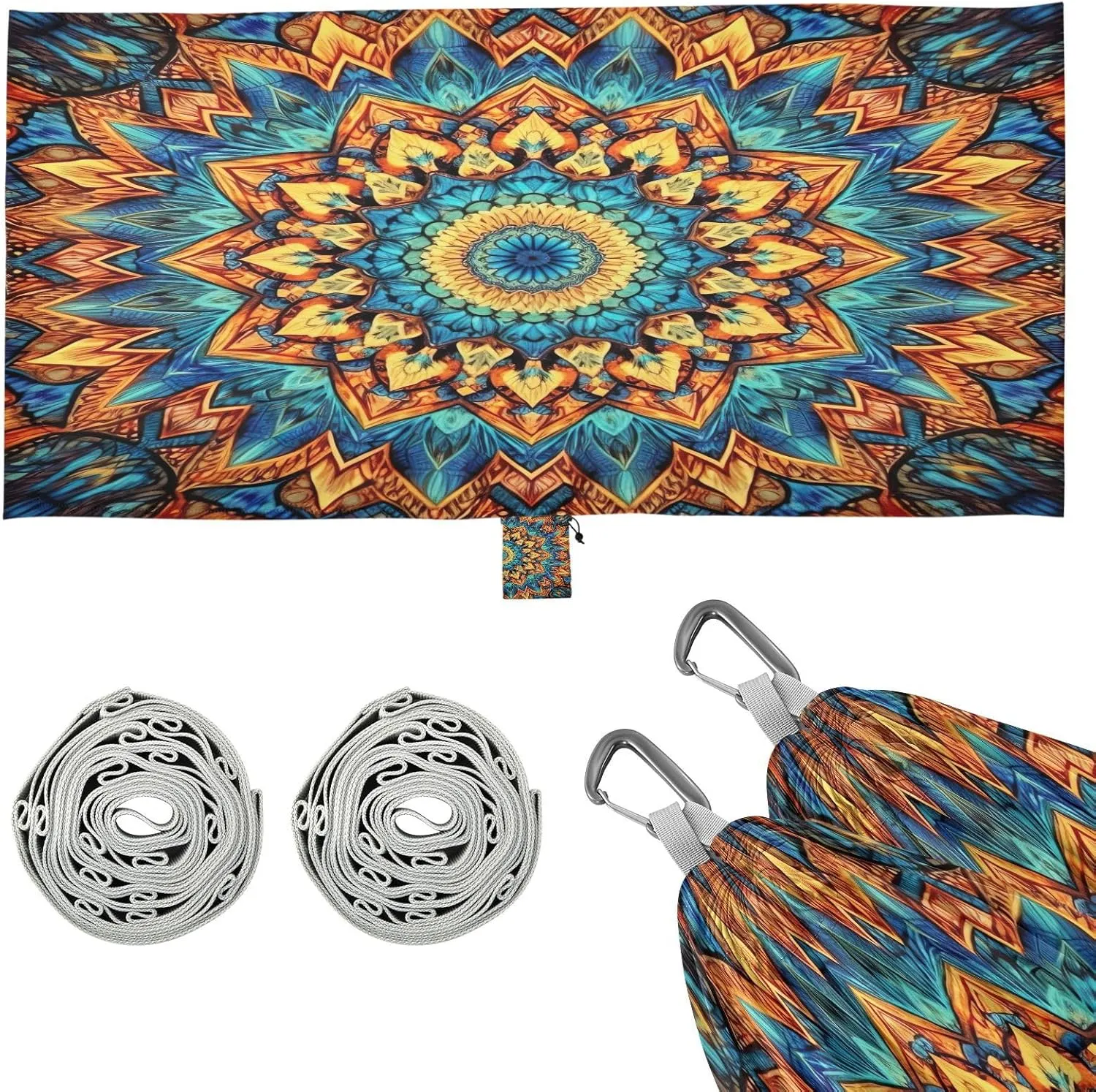 Orange Blue Mandala Camping Hammock, 330 lbs with 2 Tree Straps, Carry Bag, Single Portable Hammock for Outdoor/Indoor, Hiking, Beach, Backpacking, Travel