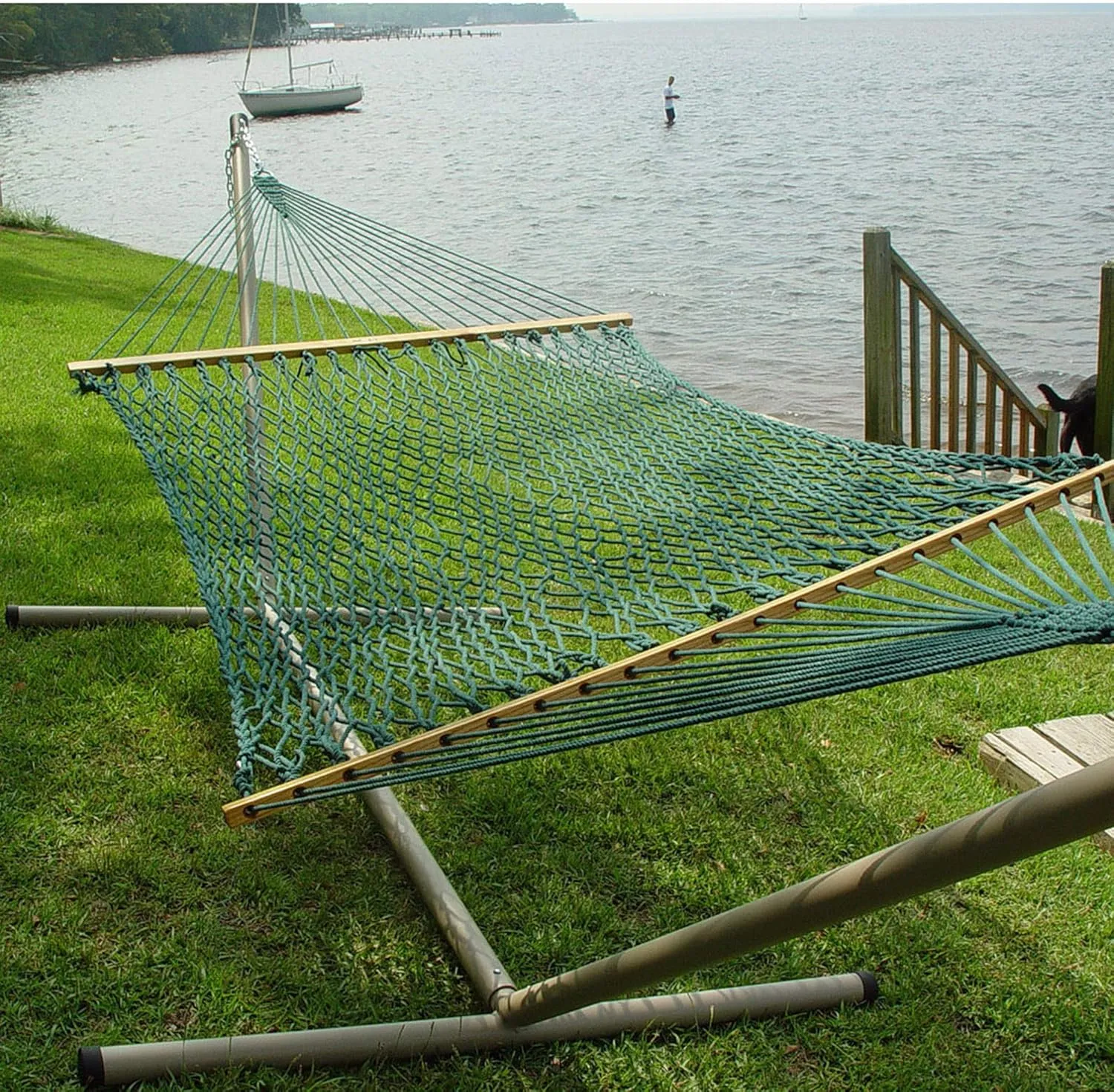 Original Pawleys Island 13DCG Large Green DURACORD Rope Hammock with Free Extension Chains & Tree Hooks, Handcrafted in The USA, Accommodates 2 People, 450 LB Weight Capacity, 13 ft. x 55 in.