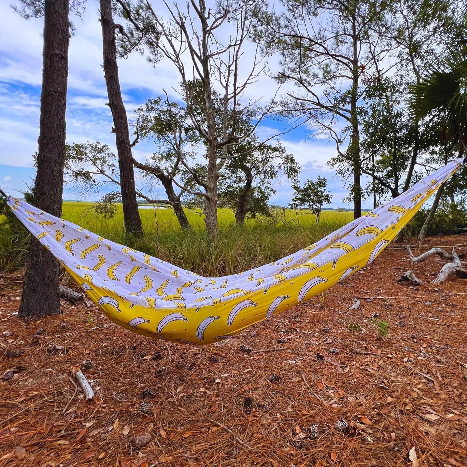 Original Pawleys Island Double Banana Camping Hammock with 2 Tree Straps, Triple Stitched Durable Nylon Material, Compact Design for Backpacking, Travel, Beach, Backyard, Patio, Hiking