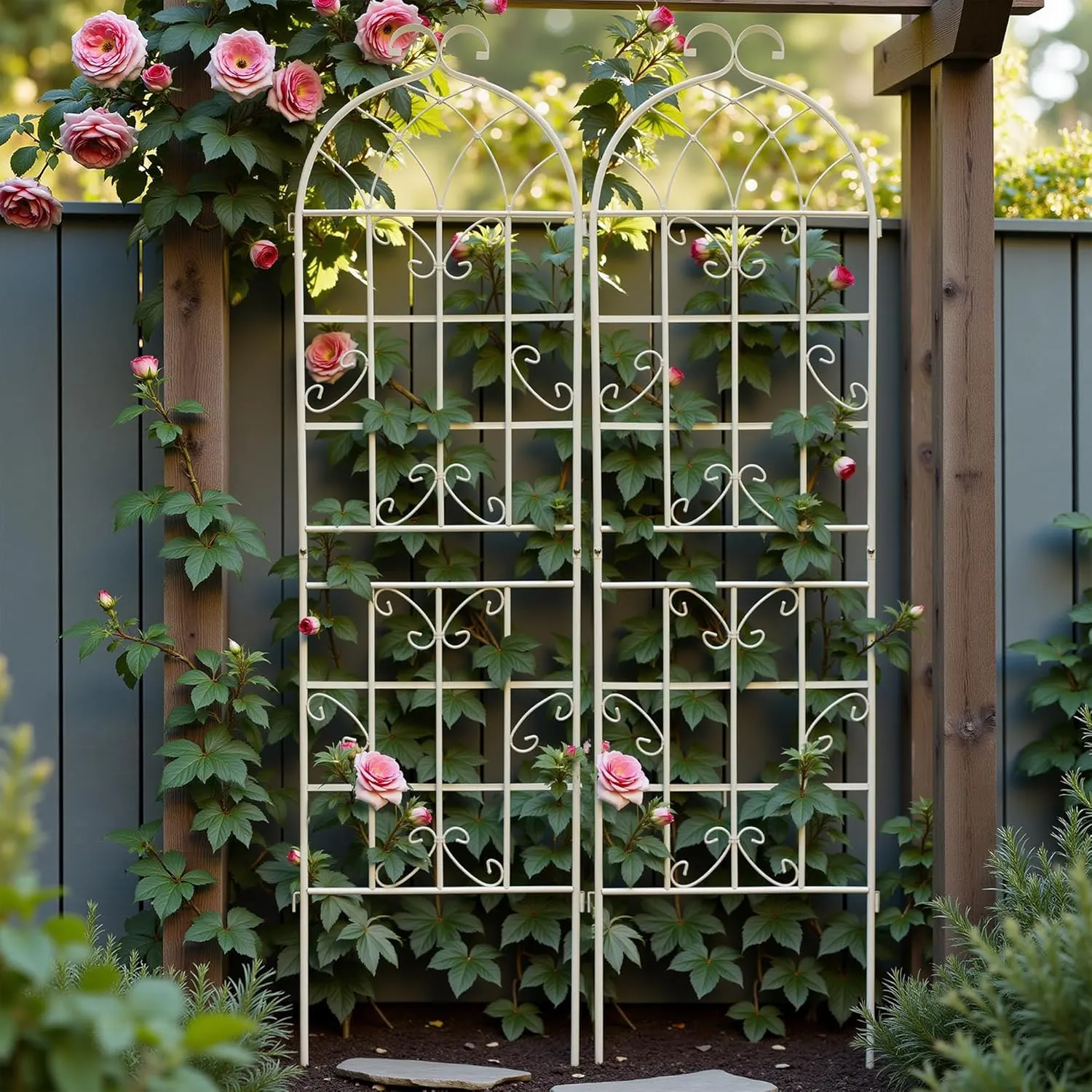 Osparple 71 x 20 Inch Garden Trellis, 2 Pack Metal Trellis for Climbing Plants Outdoor, Rustproof Plant Supports for Outdoor Plants, Roses, Vines, Flowers and Vegetables, Cream White