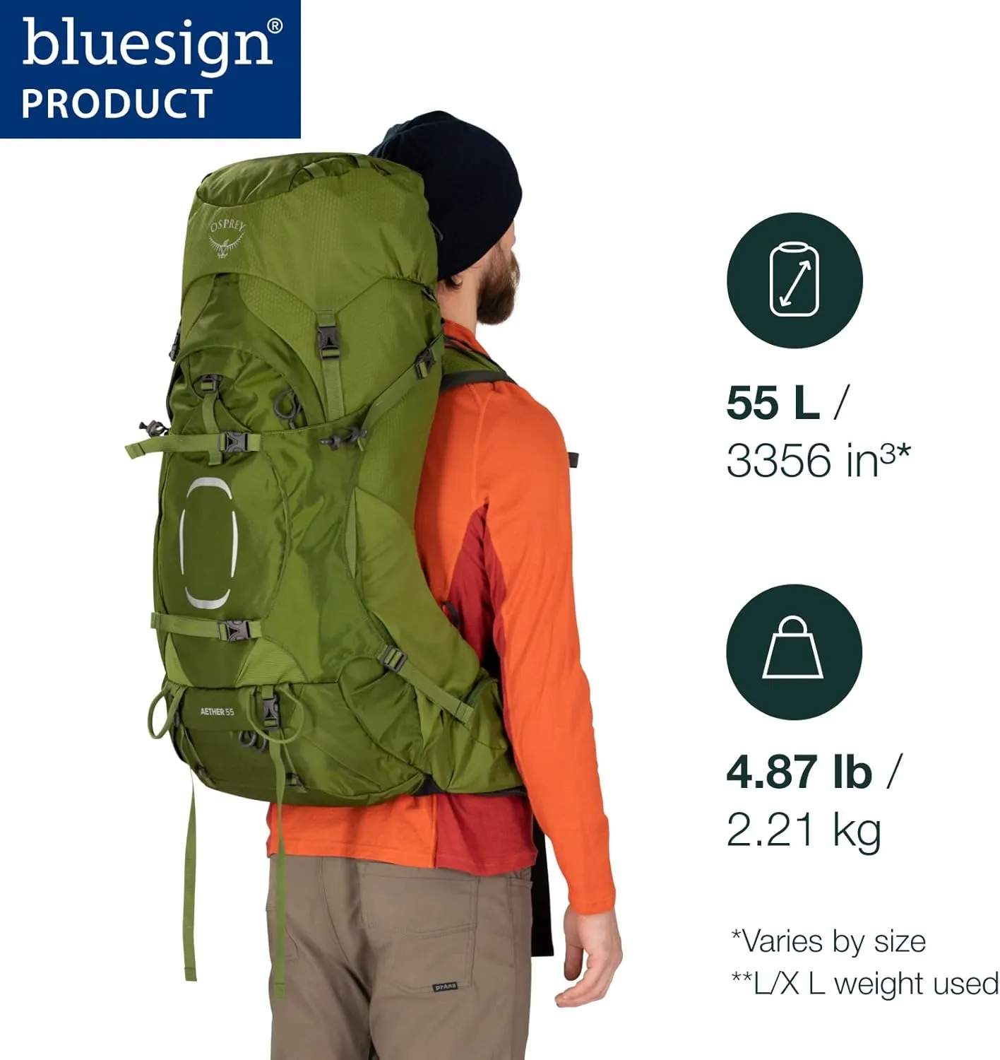 Osprey Aether 55L Men's Backpacking Backpack, Garlic Mustard Green, S/M