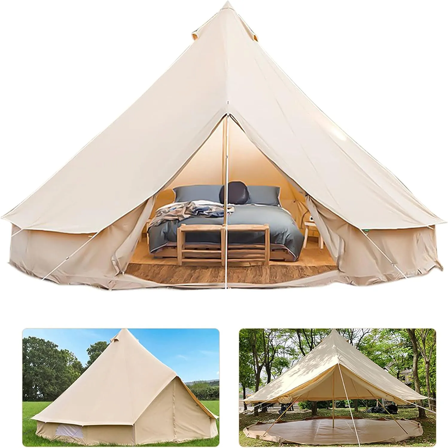 Outdoor Bell Tents Large Waterproof Canvas Glamping Yurt Tent with Zipped Groundsheet and Chimney for Family Camping Hiking Hunting Party Shelter, 3/4/5/6m