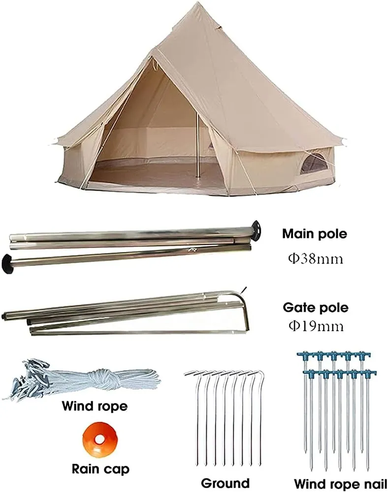 Outdoor Bell Tents Large Waterproof Canvas Glamping Yurt Tent with Zipped Groundsheet and Chimney for Family Camping Hiking Hunting Party Shelter, 3/4/5/6m