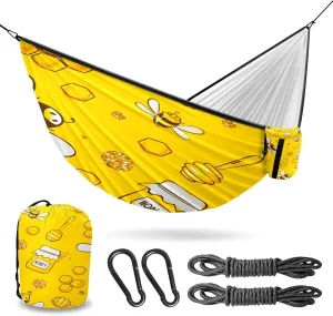Outdoor Camping Hammock Yellow Cute Bees Pattern Double Single Hammocks with 2 Tree Straps, Lightweight Portable Heavy Duty Nylon Hammocks for Backpacking Travel Beach Backyard Patio Hiking